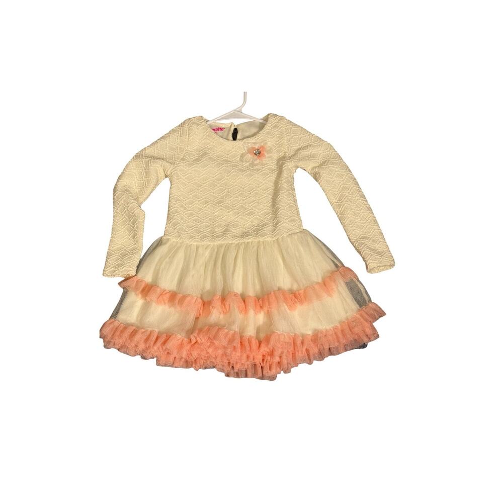 Nannette Dress Little Girls Size 5 White Long Sleeve Peach Trim Tulle Ruffle